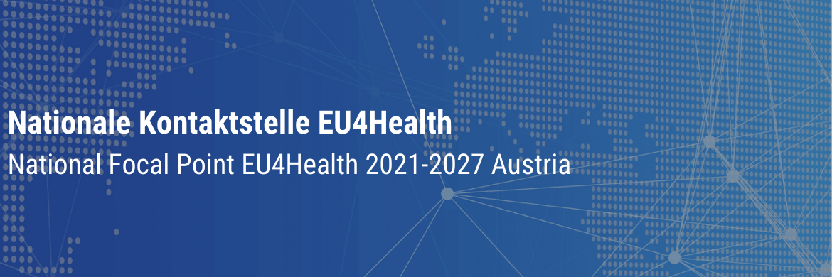 Banner der nationalen Kontaktstelle EU4Health, weißer Schriftzug auf blau-grauem Hintergrund, der grafisch den Ausschnitt eines Globus und ein Netzwerk von Verbindungen zwischen EU4Health Kontaktstellen darstellt